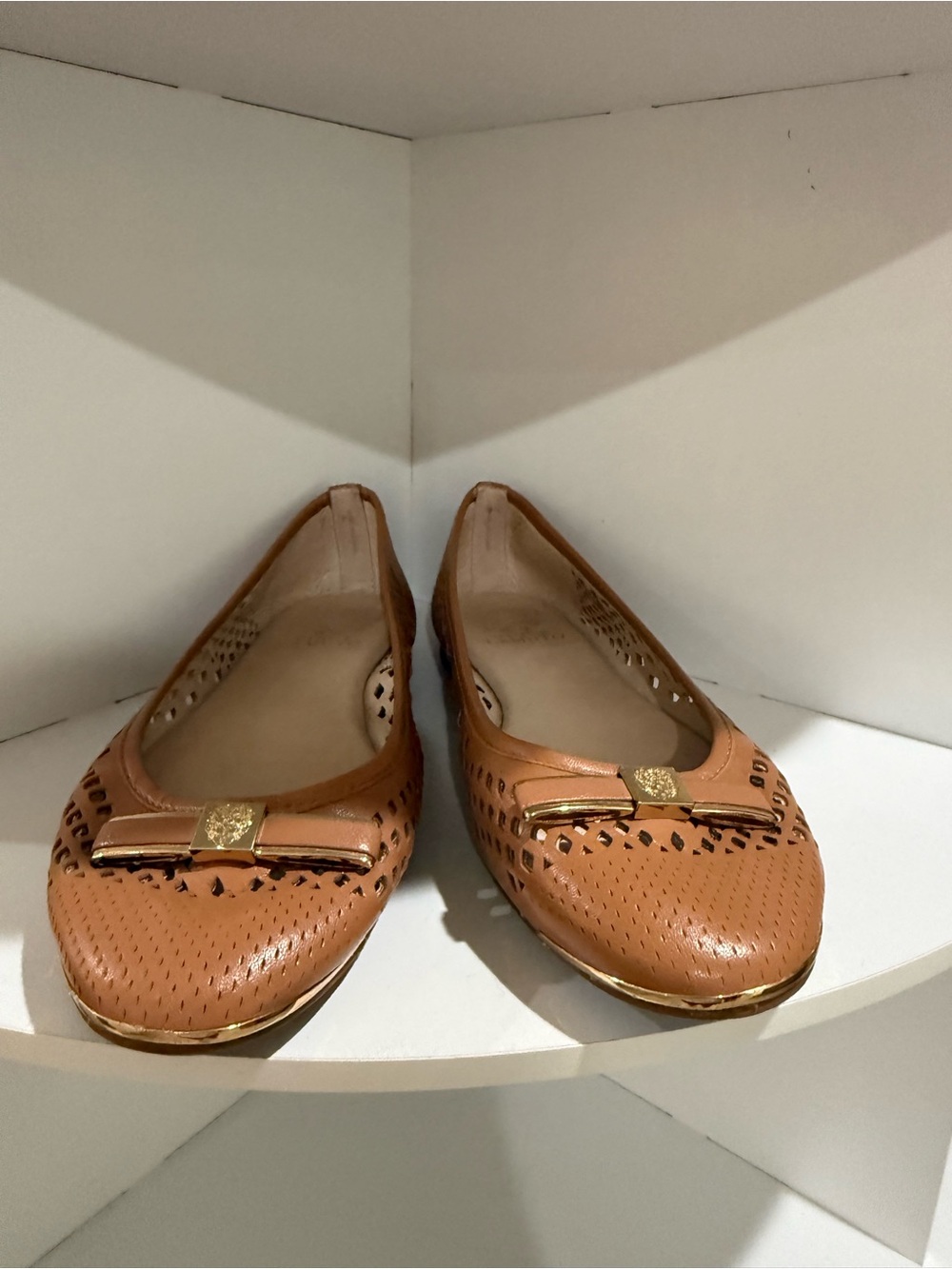 Vince Camuto Cognac Perforated Leather Ballet Flats with Gold Bow